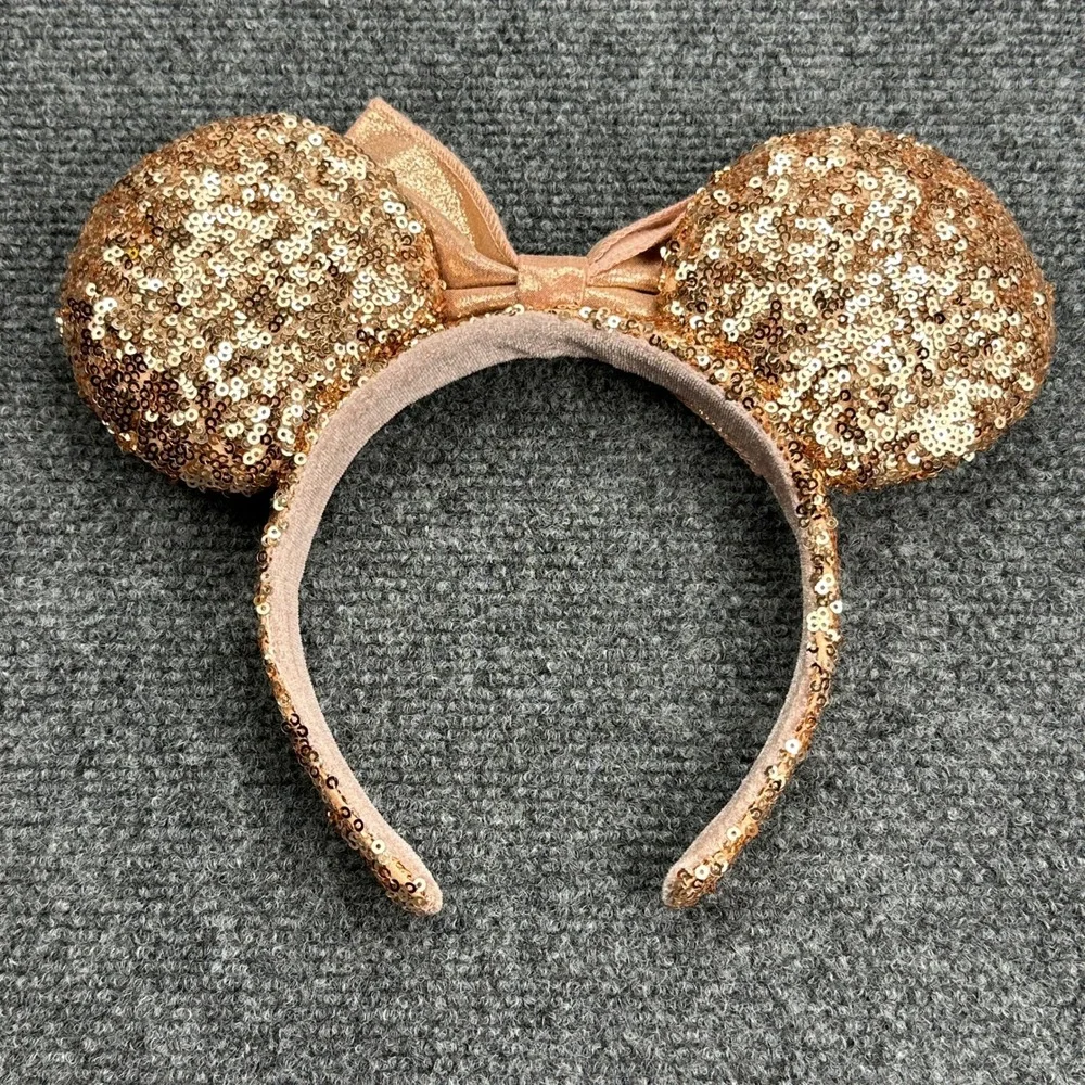 Disney Parks Minnie Mouse Ears Sequin Rose‎ Gold Pink Bow Headband Metallic